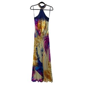 Wow! Prom &‎ Pageant 100% Silk Formal Dress Sleeveless Gold Blue Y2K Size 4